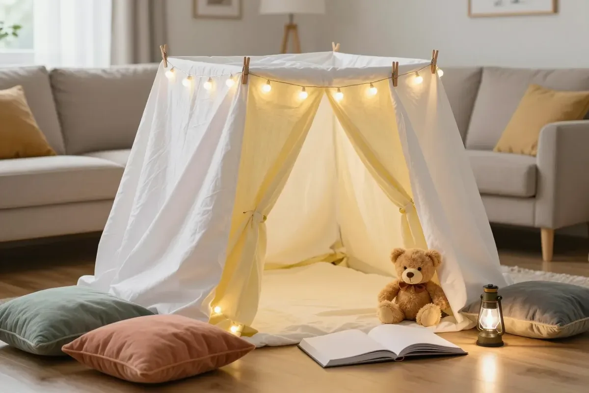 Cabana de lençol montada na sala com pregadores e um cordão de luzinhas, almofadas no chão, um urso de pelúcia, um livro aberto e uma lanterna na entrada