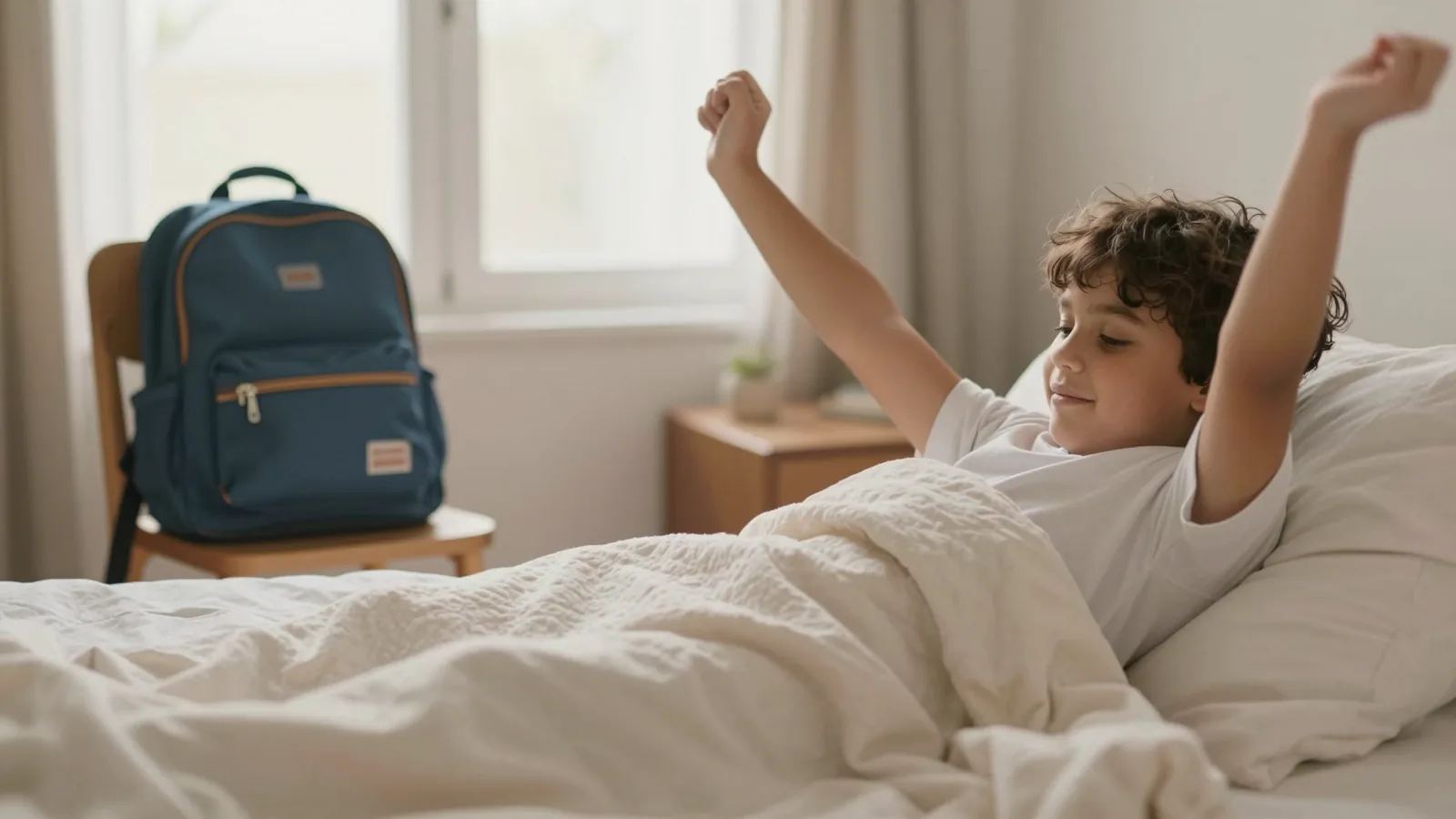 Criança acordando e se espreguiçando na cama, com a mochila da escola ao lado