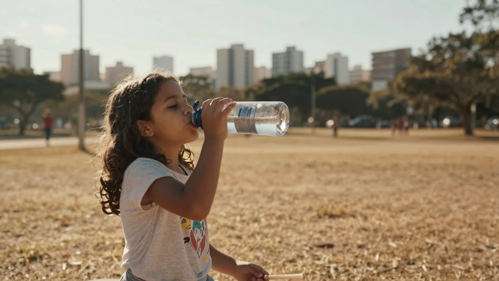 Criança bebendo água de uma garrafinha ao ar livre no fim da tarde, em dia seco de inverno
