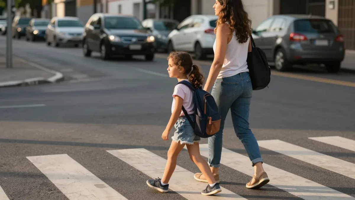 Mãe e filha com mochila atravessando juntas uma faixa de pedestres no fim da tarde, com os carros parados ao fundo