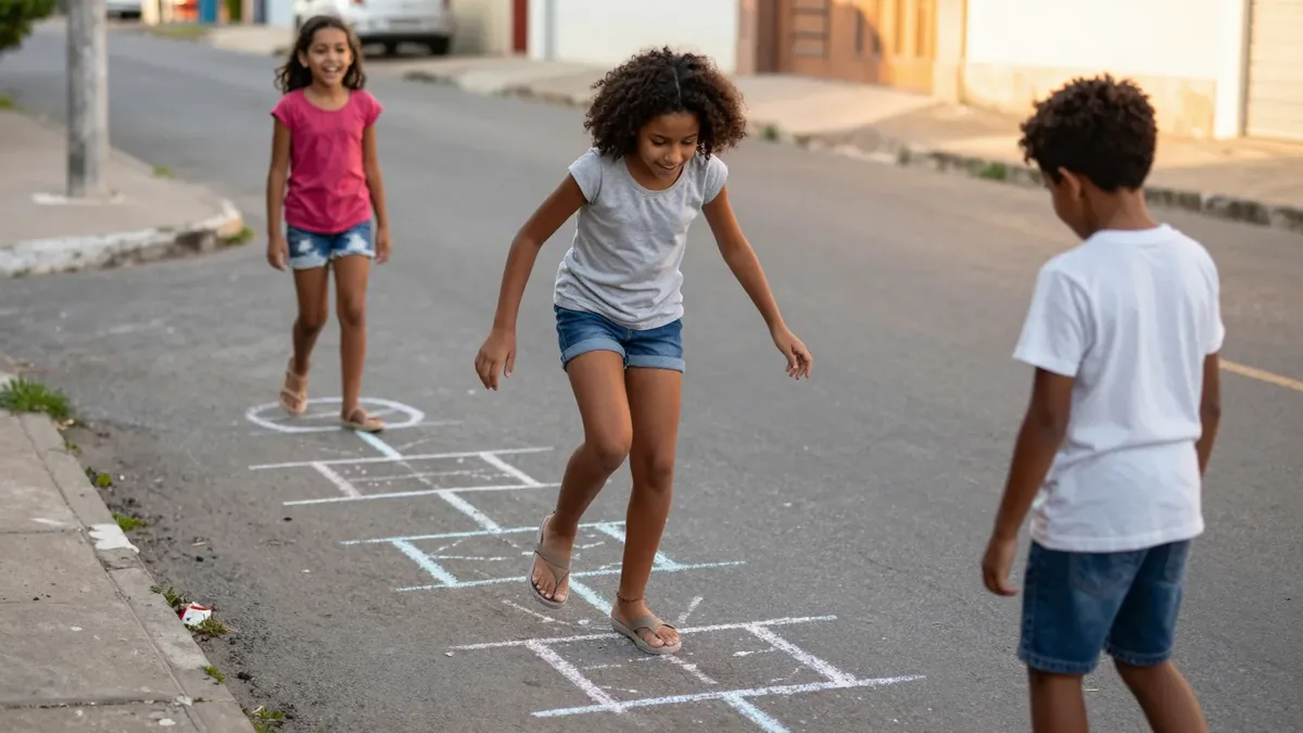 Três crianças brincando de amarelinha desenhada com giz no asfalto de uma rua tranquila, no fim da tarde