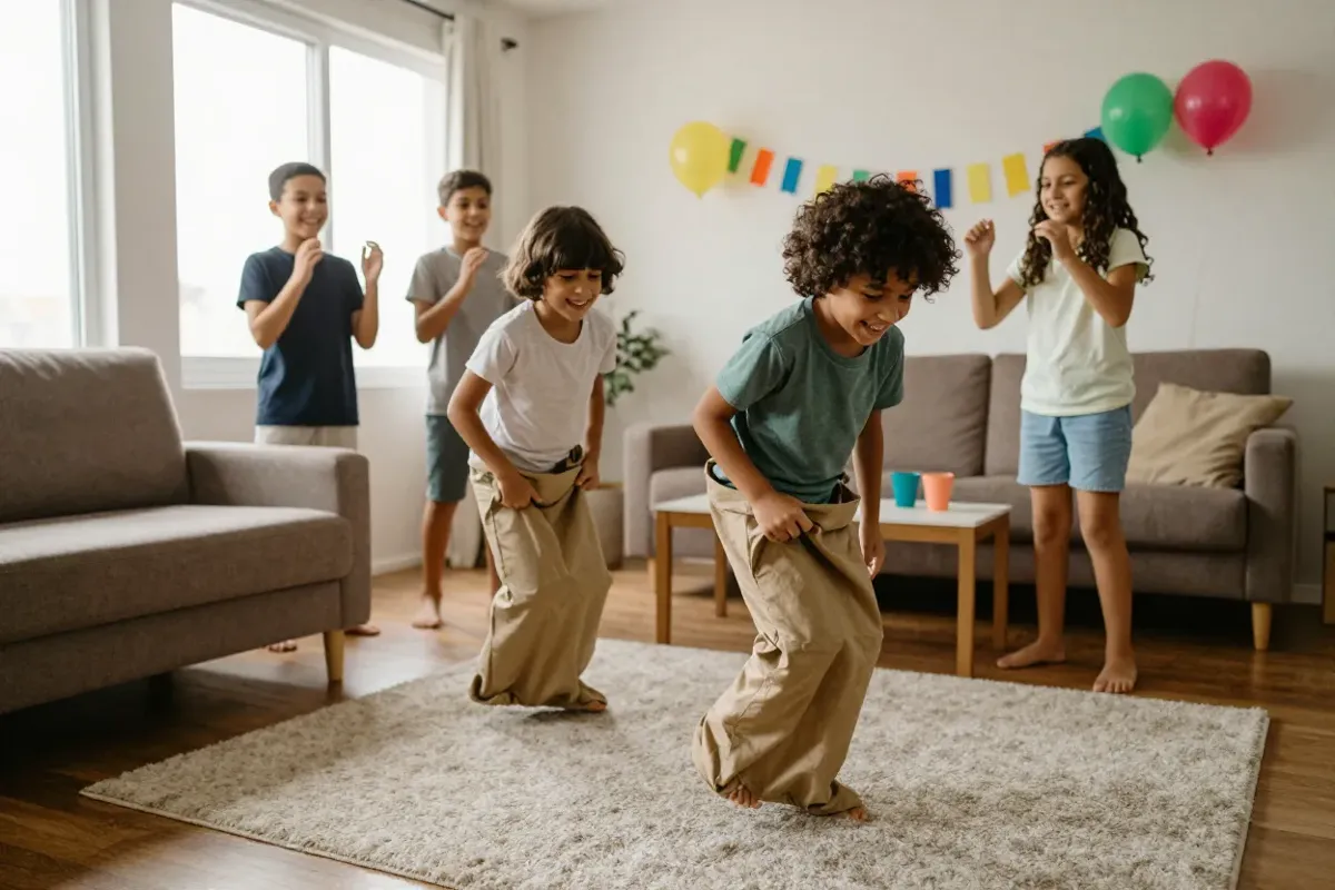 Crianças brincando de corrida do saco no tapete da sala, com balões e bandeirinhas coloridas na parede e amigos torcendo ao fundo