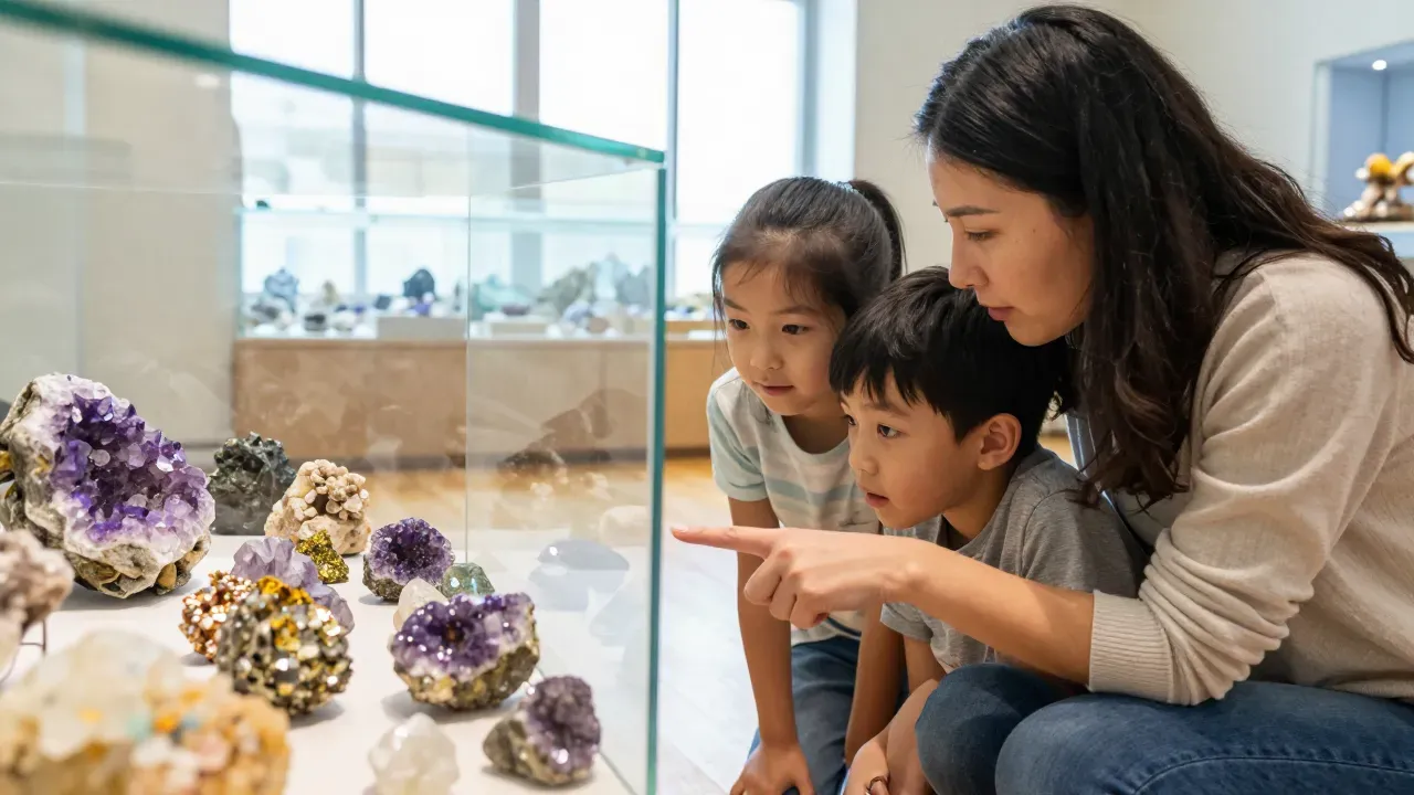 Mãe agachada ao lado de uma menina e de um menino pequenos, os três olhando de perto uma vitrine de vidro cheia de cristais roxos e dourados num museu claro