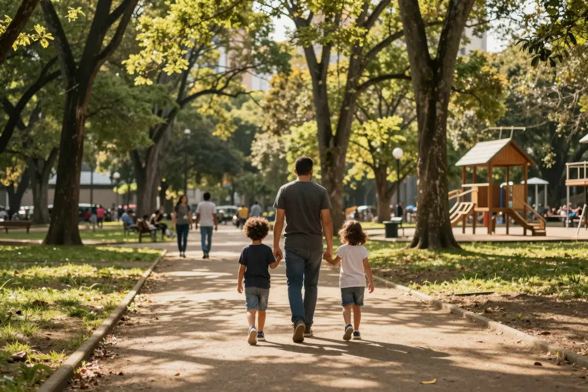 Pai caminhando de mãos dadas com dois filhos pequenos por uma alameda arborizada de um parque, com um playground de madeira ao fundo