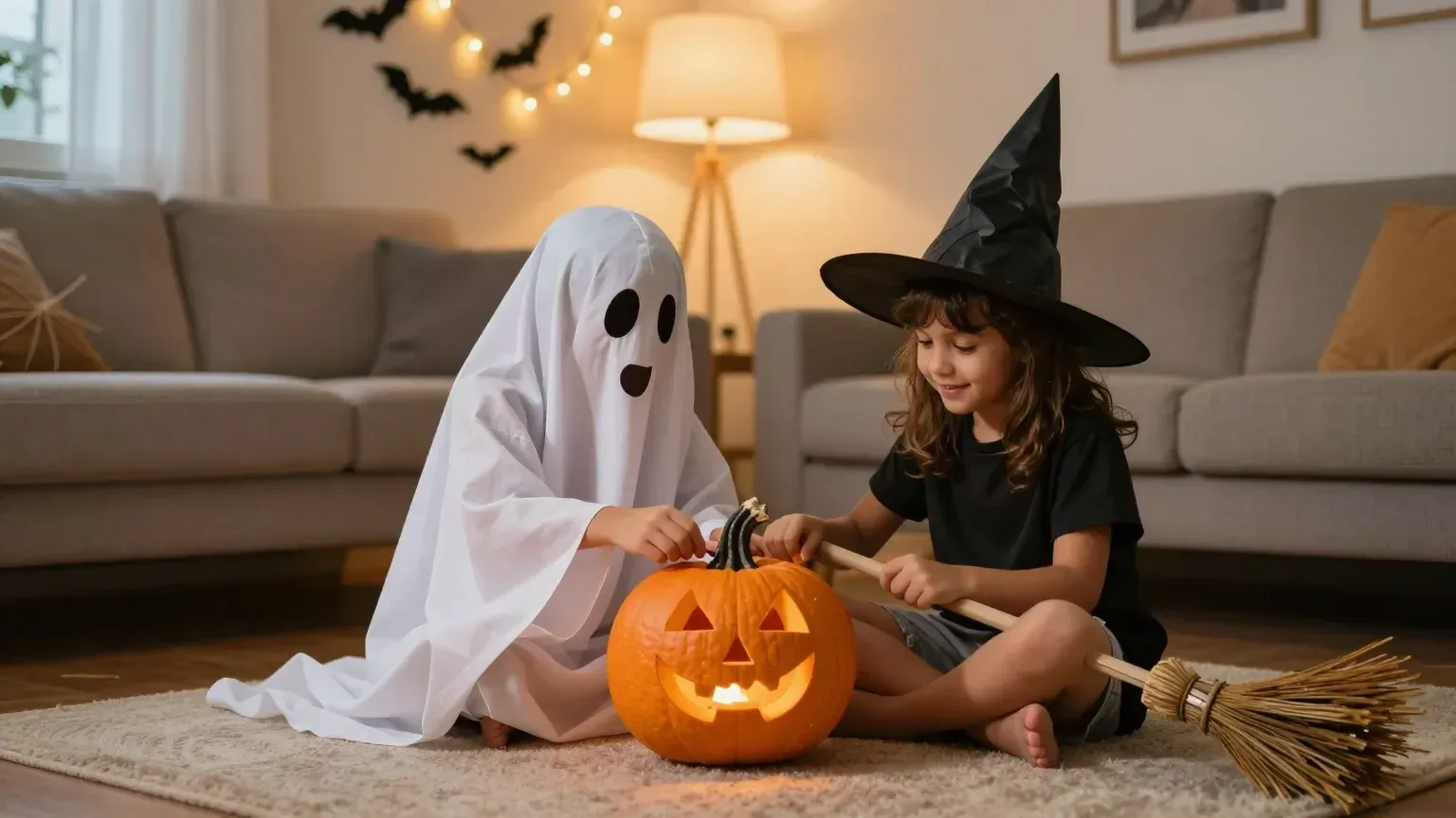 Duas crianças sentadas no tapete da sala com fantasias feitas em casa, uma de fantasma com lençol branco e outra de bruxinha com chapéu preto e vassoura, mexendo numa abóbora iluminada, com morcegos de papel e luzinhas na parede