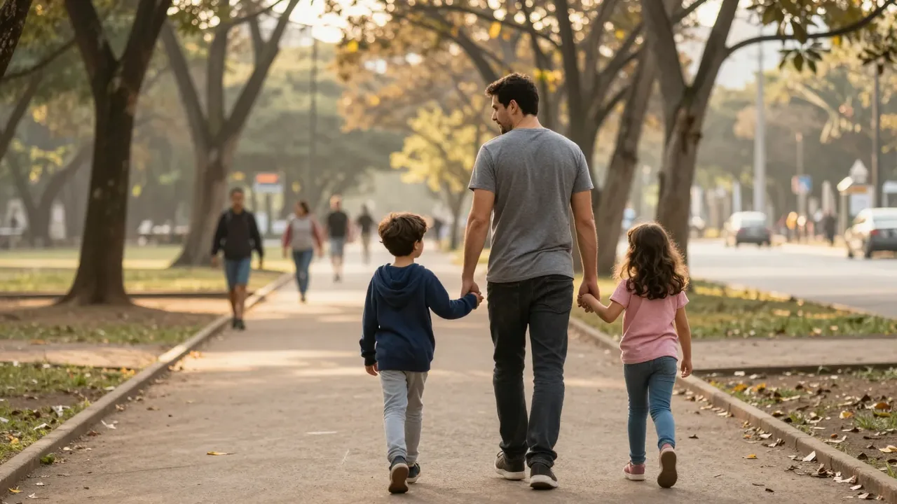 Pai caminhando de mãos dadas com dois filhos por uma alameda arborizada de parque, em manhã de sol