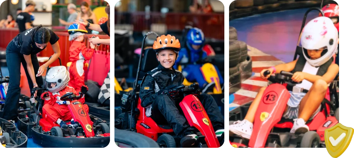 Segurança do kart infantil na eKarts: capacete fechado, cinto de três pontos e monitores treinados