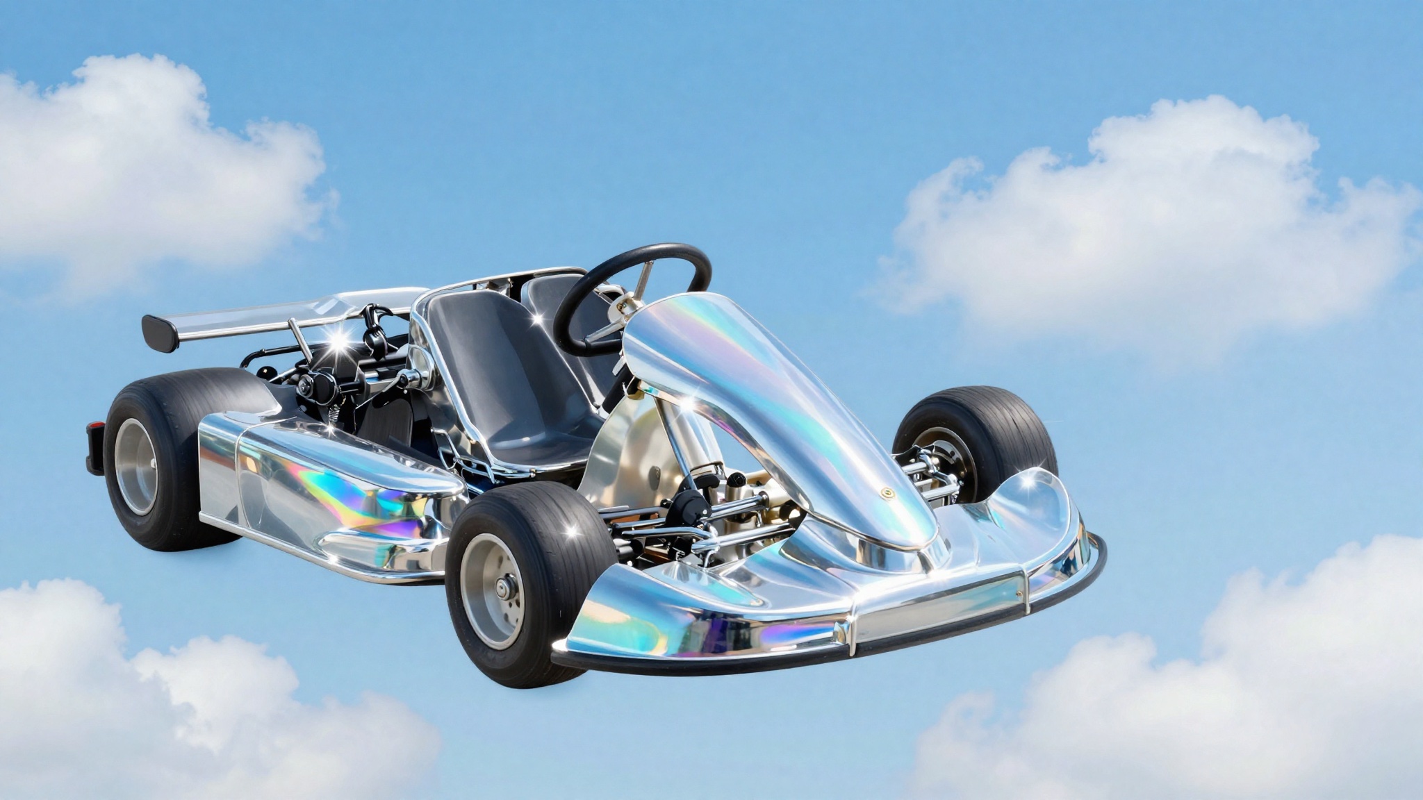 Kart cromado flutuando em um céu azul com nuvens, estética anos 2000