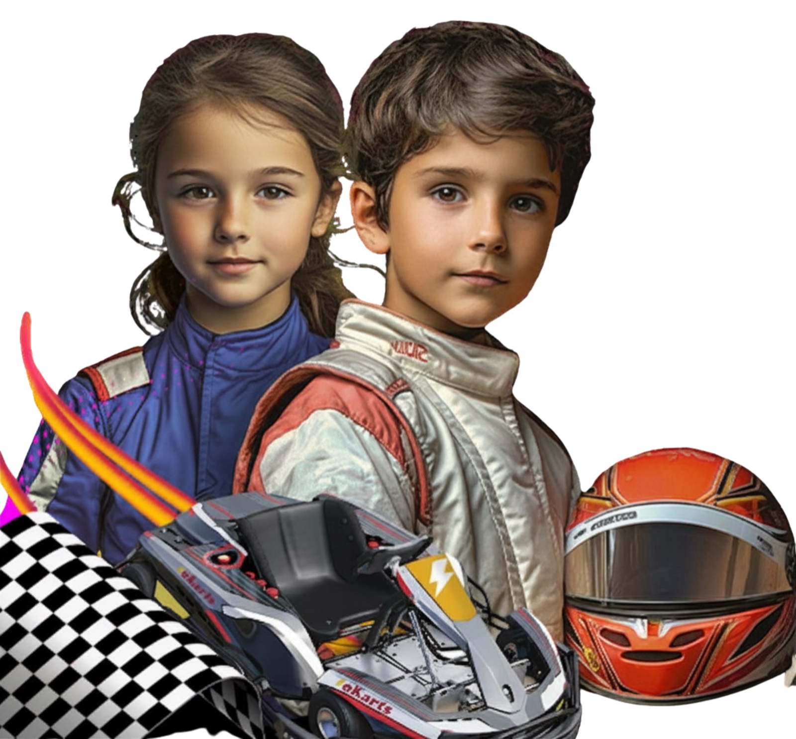 Dupla de crianças com capacete segurando bandeira quadriculada