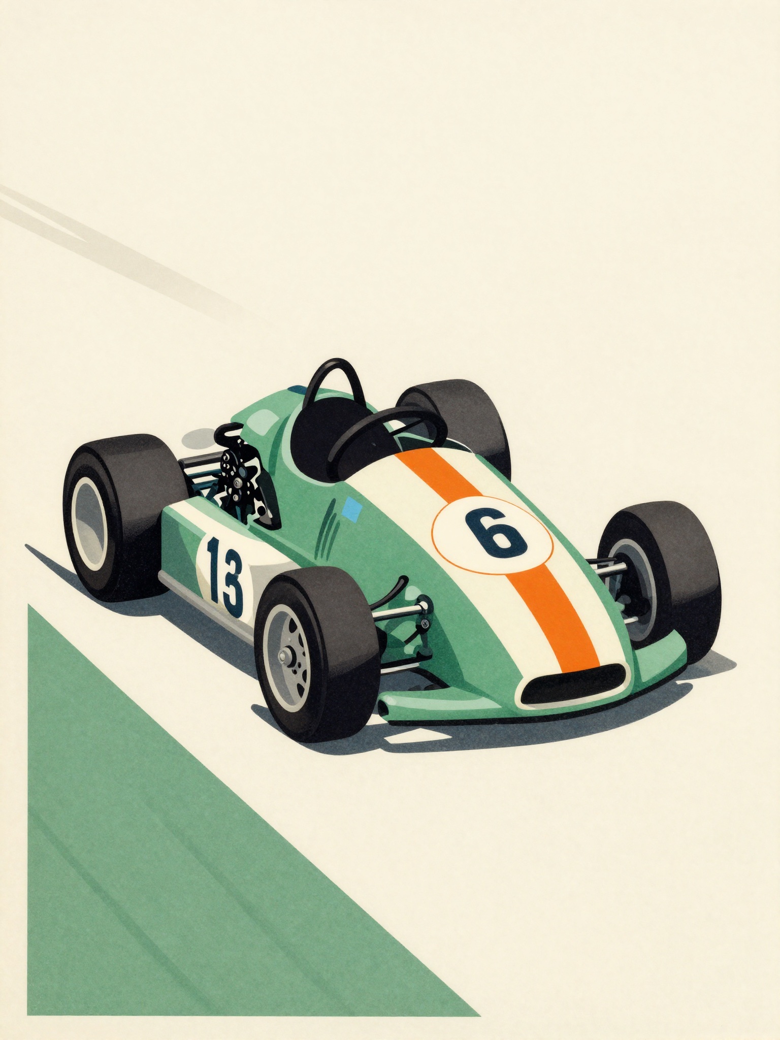 Ilustração vintage anos 60 de um kart de corrida verde com listra laranja e número 6