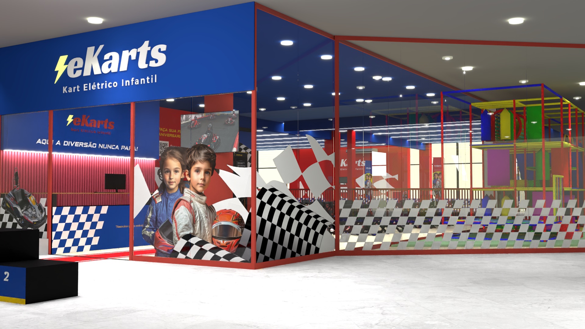 Espaço do eKarts com pista indoor e paredes azuis, pronto para a festa