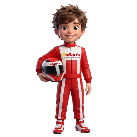 Kaká, o mascote do eKarts, segurando um capacete de corrida