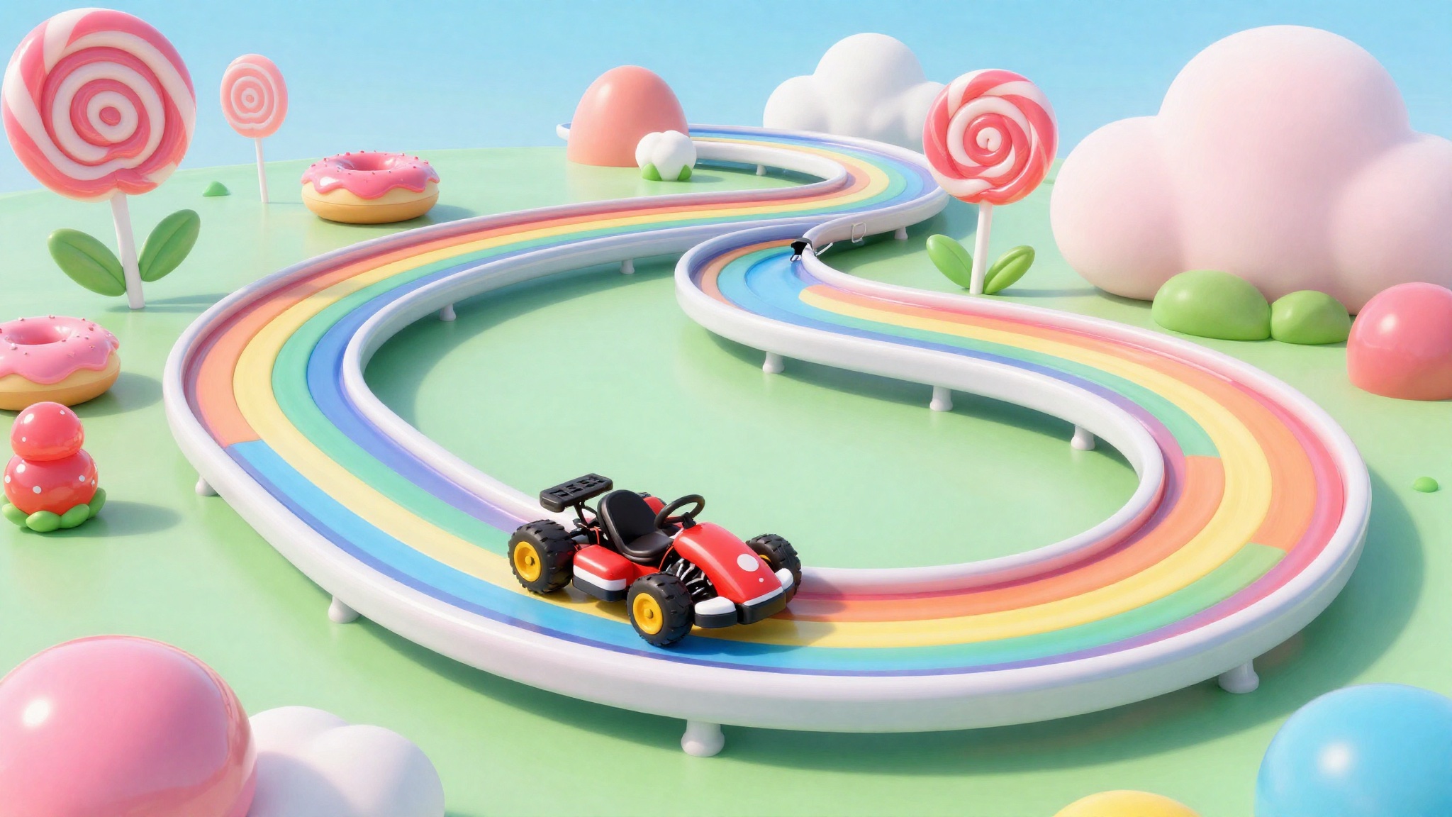Ilustração de uma pista de corrida arco-íris num mundo de doces