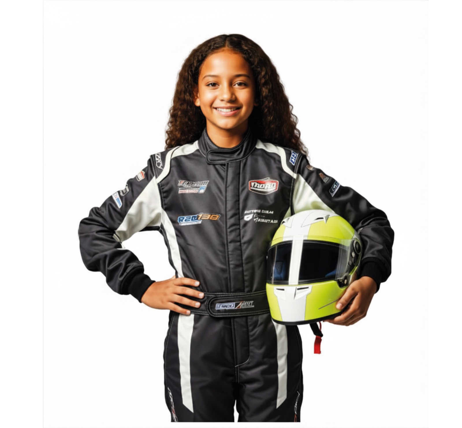 Retrato de estúdio: menina de cabelos cacheados com macacão de piloto e capacete