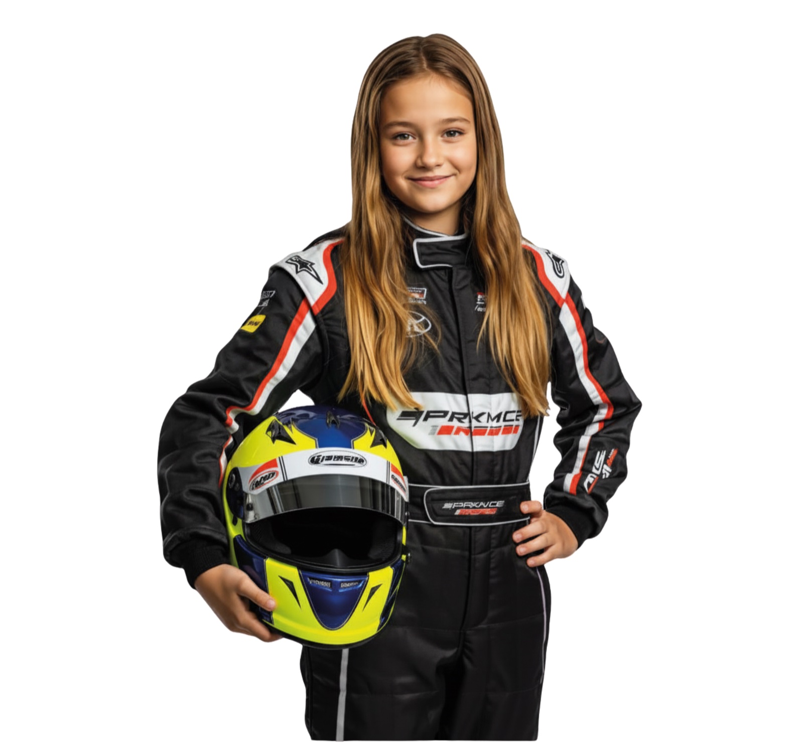 Retrato de estúdio: menina loira de macacão de piloto segurando o capacete, olhar de capa de revista