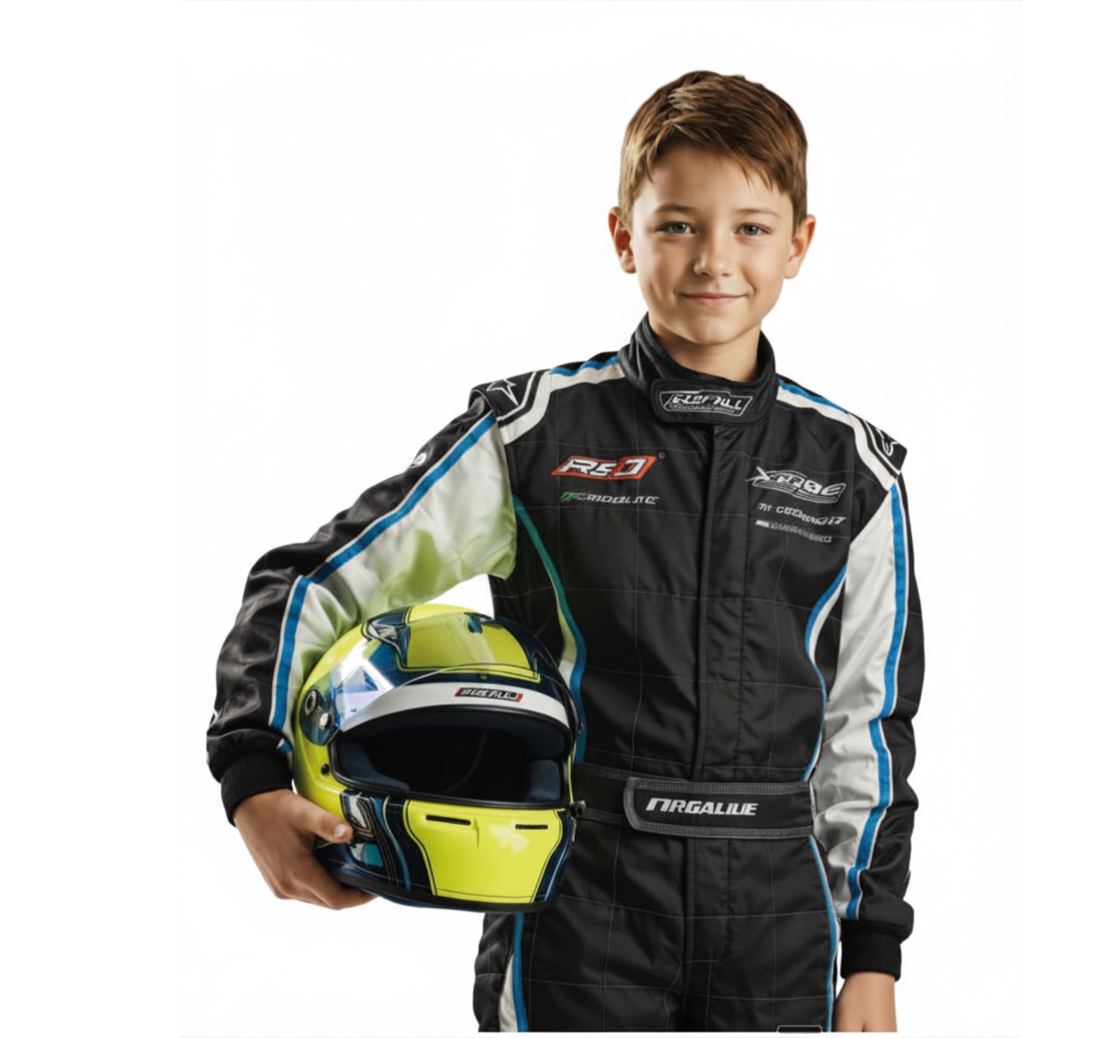 Retrato de estúdio: menino de macacão de piloto segurando o capacete